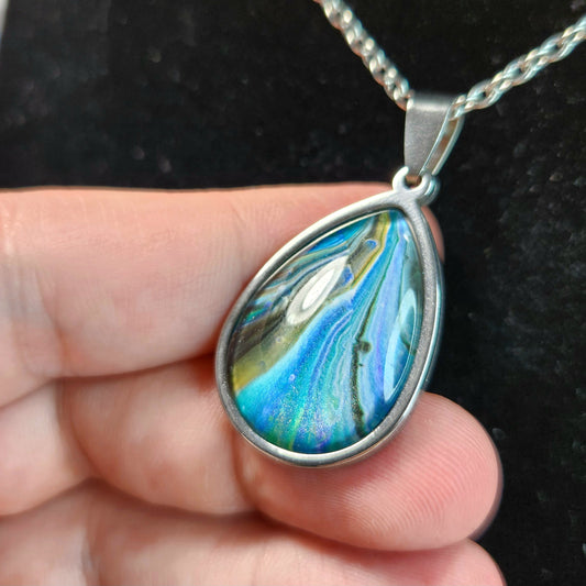 Flow Pendant - Blue Gold Currents - Hand Painted Glass Bezel Necklace - Custom Art Jewelry