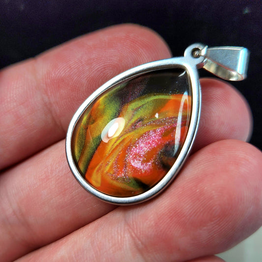 Flow Pendant - Dancing Flame - Hand Painted Glass Bezel Necklace - Custom Art Jewelry