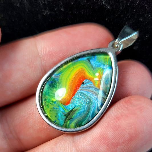 Flow Pendant - Rainbow Marble - Hand Painted Glass Bezel Necklace - Custom Art Jewelry