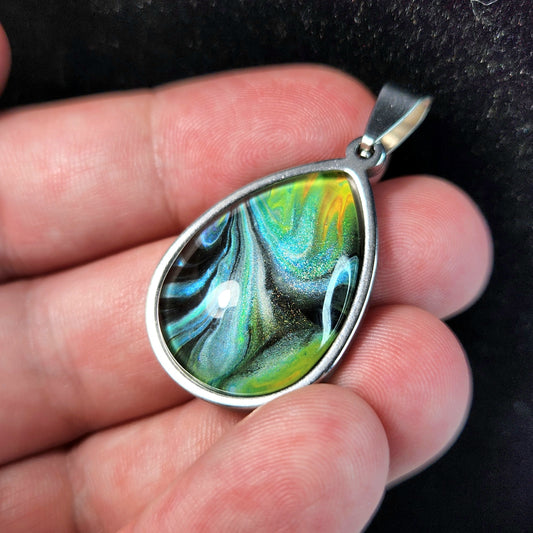 Flow Pendant - Blue Green Currents - Hand Painted Glass Bezel Necklace - Custom Art Jewelry