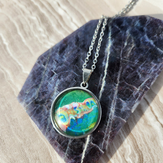 Flow Pendant - Chromatic Spine - Hand Painted Glass Bezel Necklace - Custom Art Jewelry