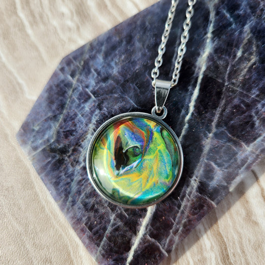 Flow Pendant - Dark Heart - Hand Painted Glass Bezel Necklace - Custom Art Jewelry