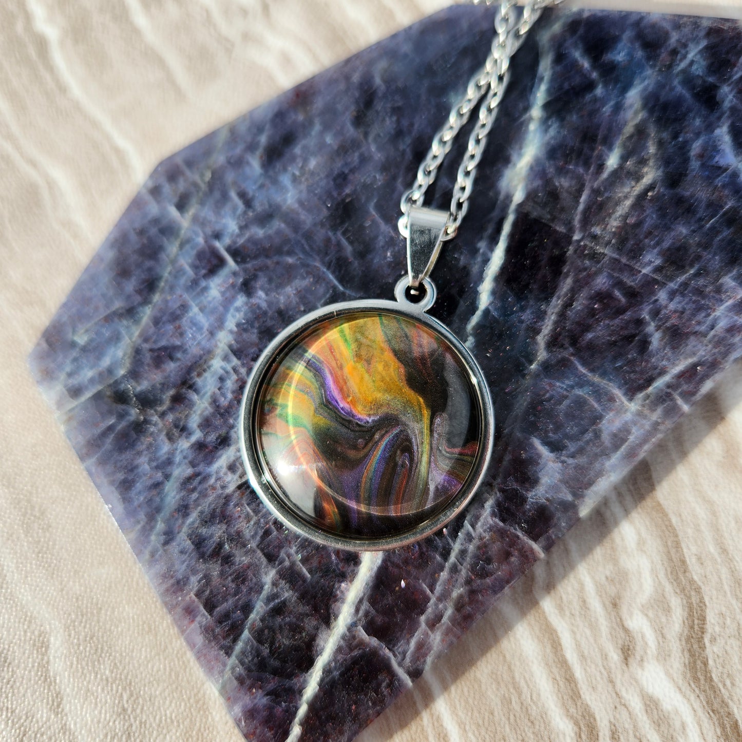 Flow Pendant - Dark Current - Hand Painted Glass Bezel Necklace - Custom Art Jewelry