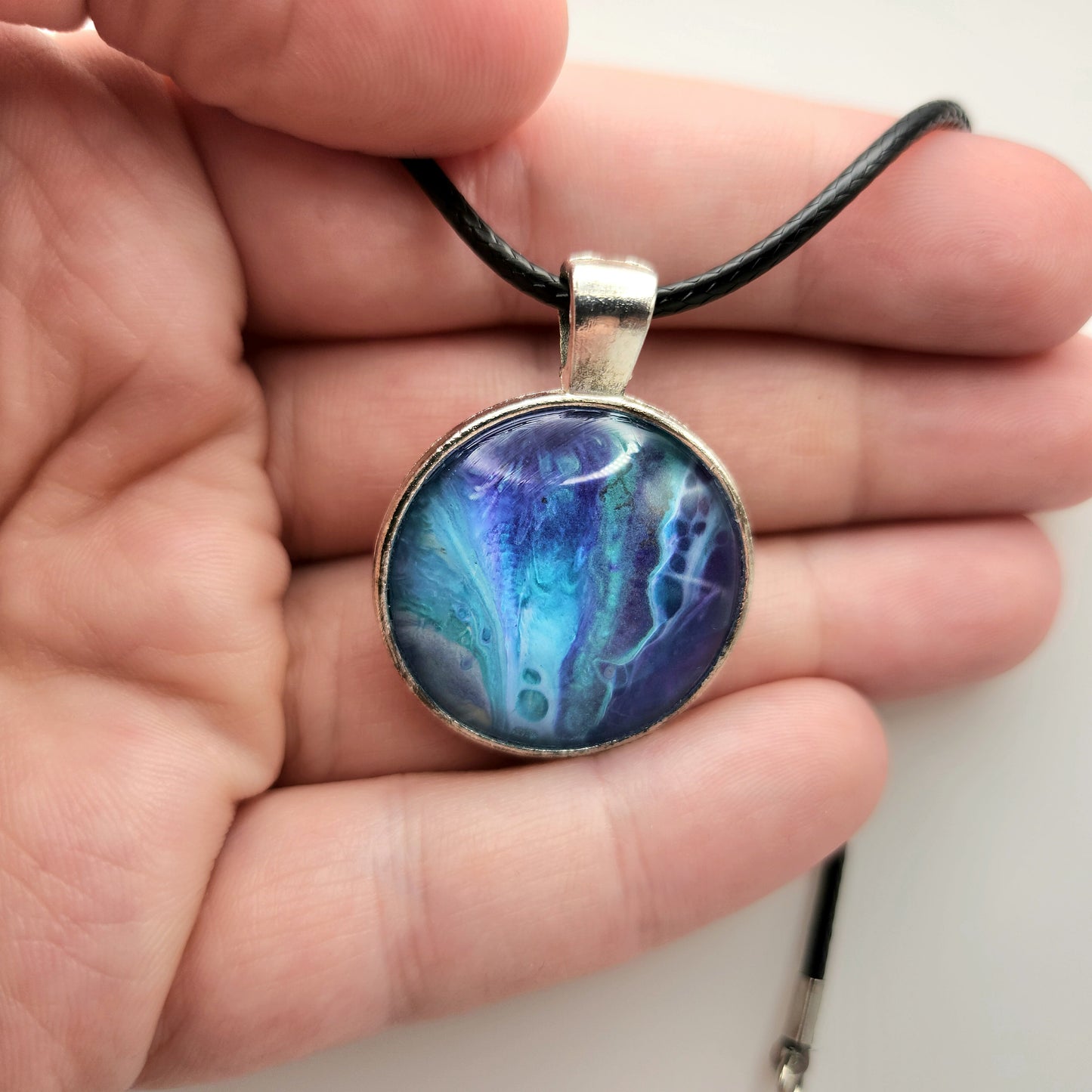 Touchstone Pendant - Silver A - Hand Painted Glass Bezel Necklace - Custom Art Jewelry - Purple and Blue Metallic, Shimmer and Flow