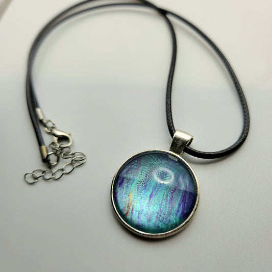 Touchstone Pendant - Silver D - Hand Painted Glass Bezel Necklace - Custom Art Jewelry - Blue, Aqua, and Purple Metallic, Ocean Current