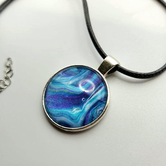 Touchstone Pendant - Silver E - Hand Painted Glass Bezel Necklace - Custom Art Jewelry - Shades of Metallic Blue, Ribbons