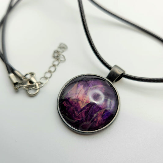 Touchstone Pendant - Antique Silver B - Hand Painted Glass Bezel Necklace - Custom Art Jewelry - Shimmering Metallic Purple