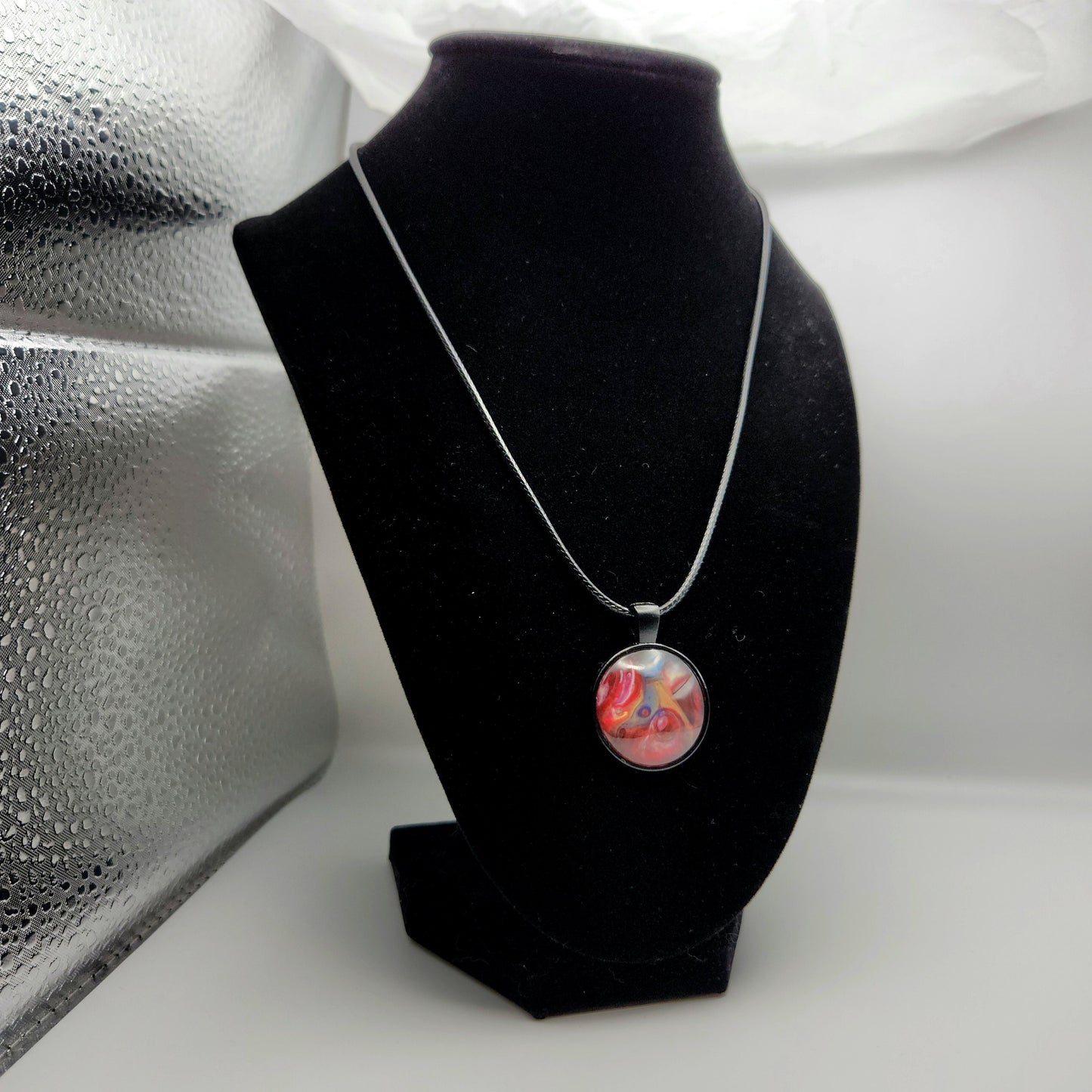 Touchstone Pendant - Antique Silver C - Hand Painted Glass Bezel Necklace - Custom Art Jewelry - Red and Rainbow