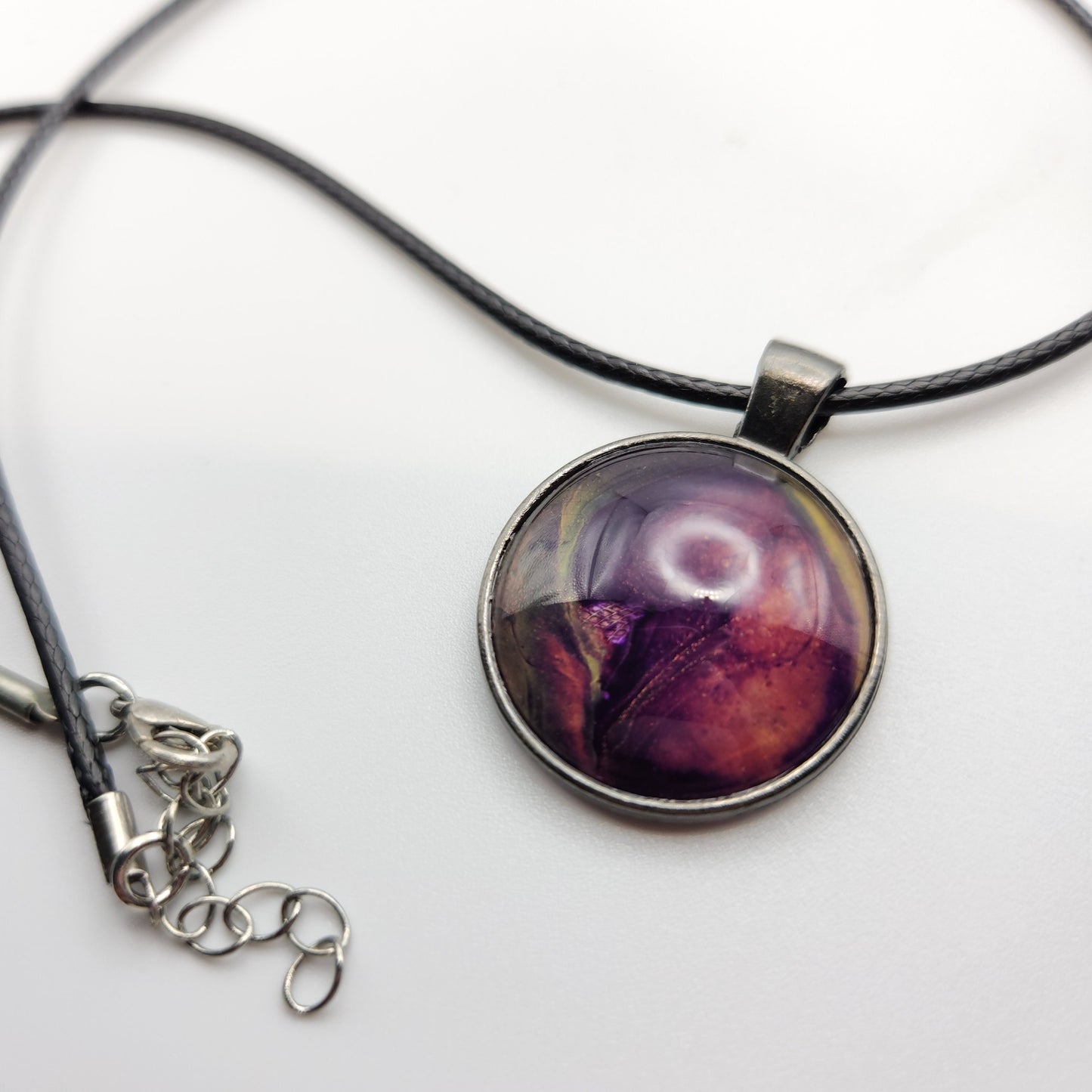 Touchstone Pendant - Antique Silver E - Hand Painted Glass Bezel Necklace - Custom Art Jewelry - Purple, Pink, and Gold Metallic