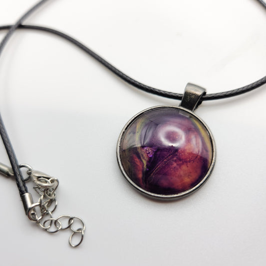 Touchstone Pendant - Antique Silver E - Hand Painted Glass Bezel Necklace - Custom Art Jewelry - Purple, Pink, and Gold Metallic