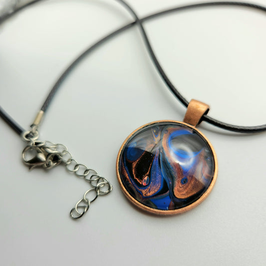 Touchstone Pendant - Copper B - Hand Painted Glass Bezel Necklace - Custom Art Jewelry - Blue and Copper Abstract