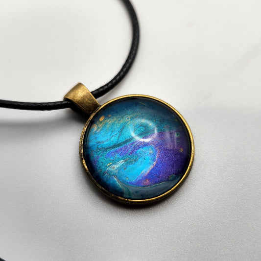 Touchstone Pendant - Bronze D - Hand Painted Glass Bezel Necklace - Custom Art Jewelry - Blue and Purple Metallic, Flow