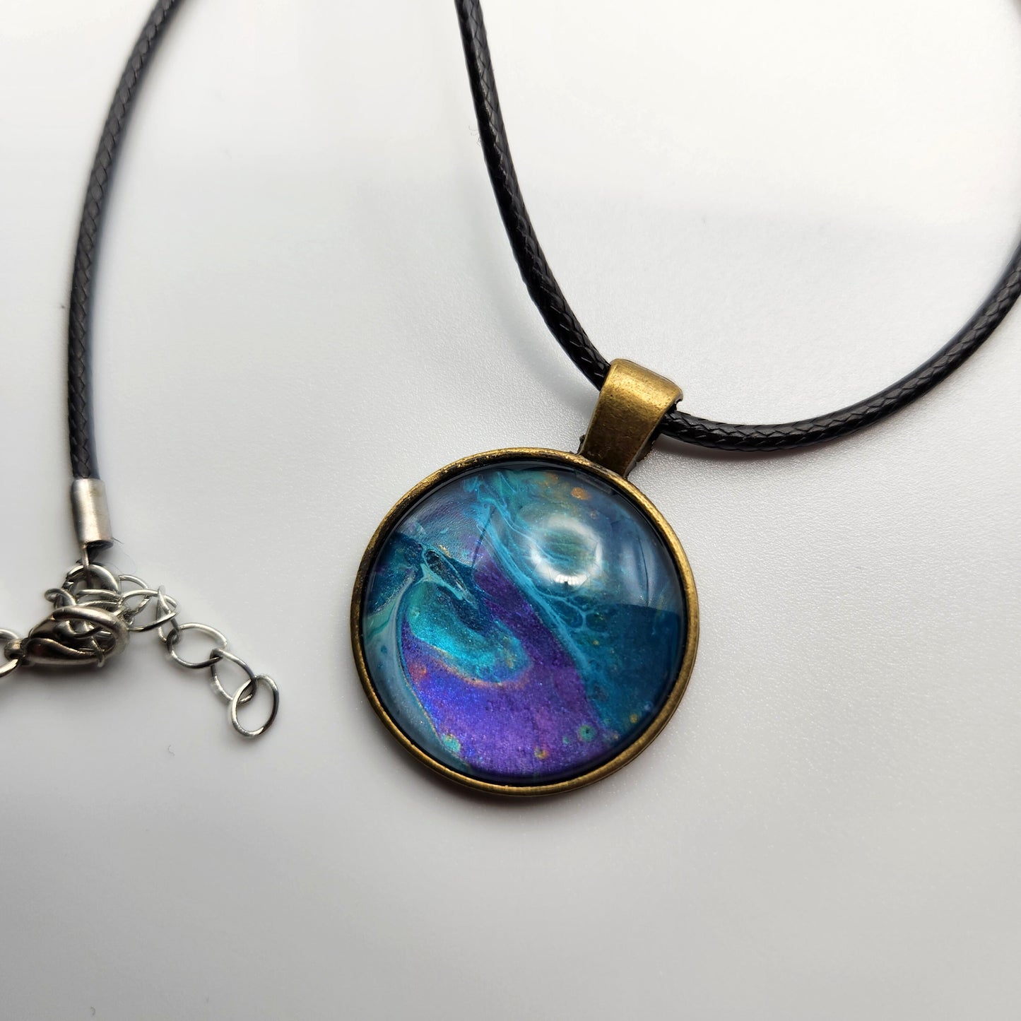 Touchstone Pendant - Bronze D - Hand Painted Glass Bezel Necklace - Custom Art Jewelry - Blue and Purple Metallic, Flow