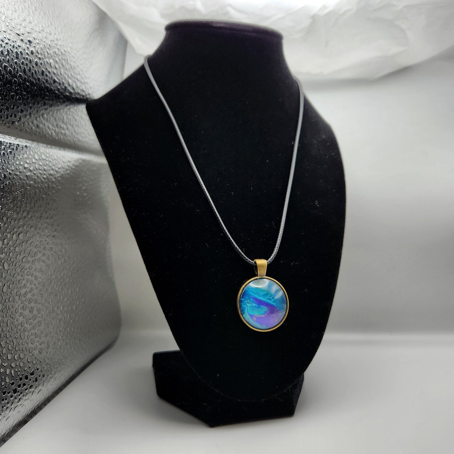 Touchstone Pendant - Bronze D - Hand Painted Glass Bezel Necklace - Custom Art Jewelry - Blue and Purple Metallic, Flow