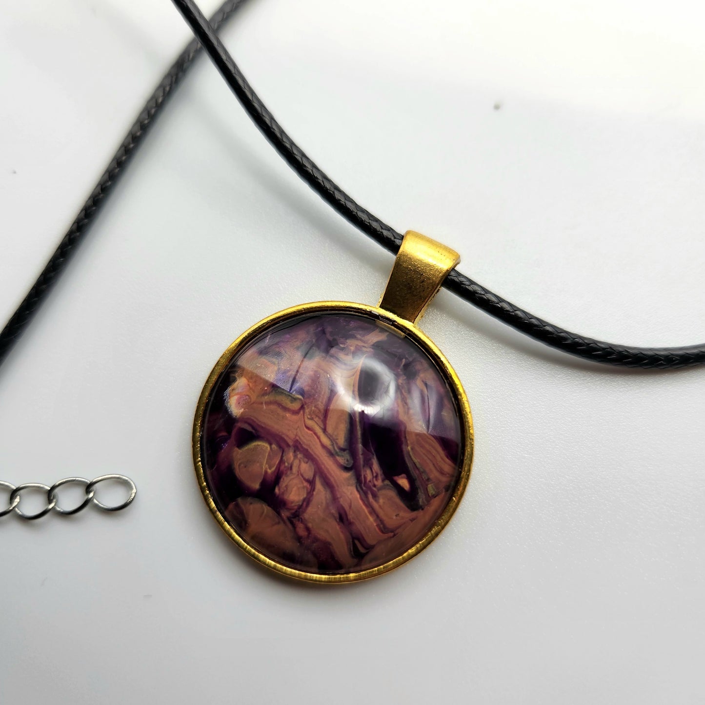 Touchstone Pendant - Gold B - Hand Painted Glass Bezel Necklace - Custom Art Jewelry - Purple and Gold Metallic