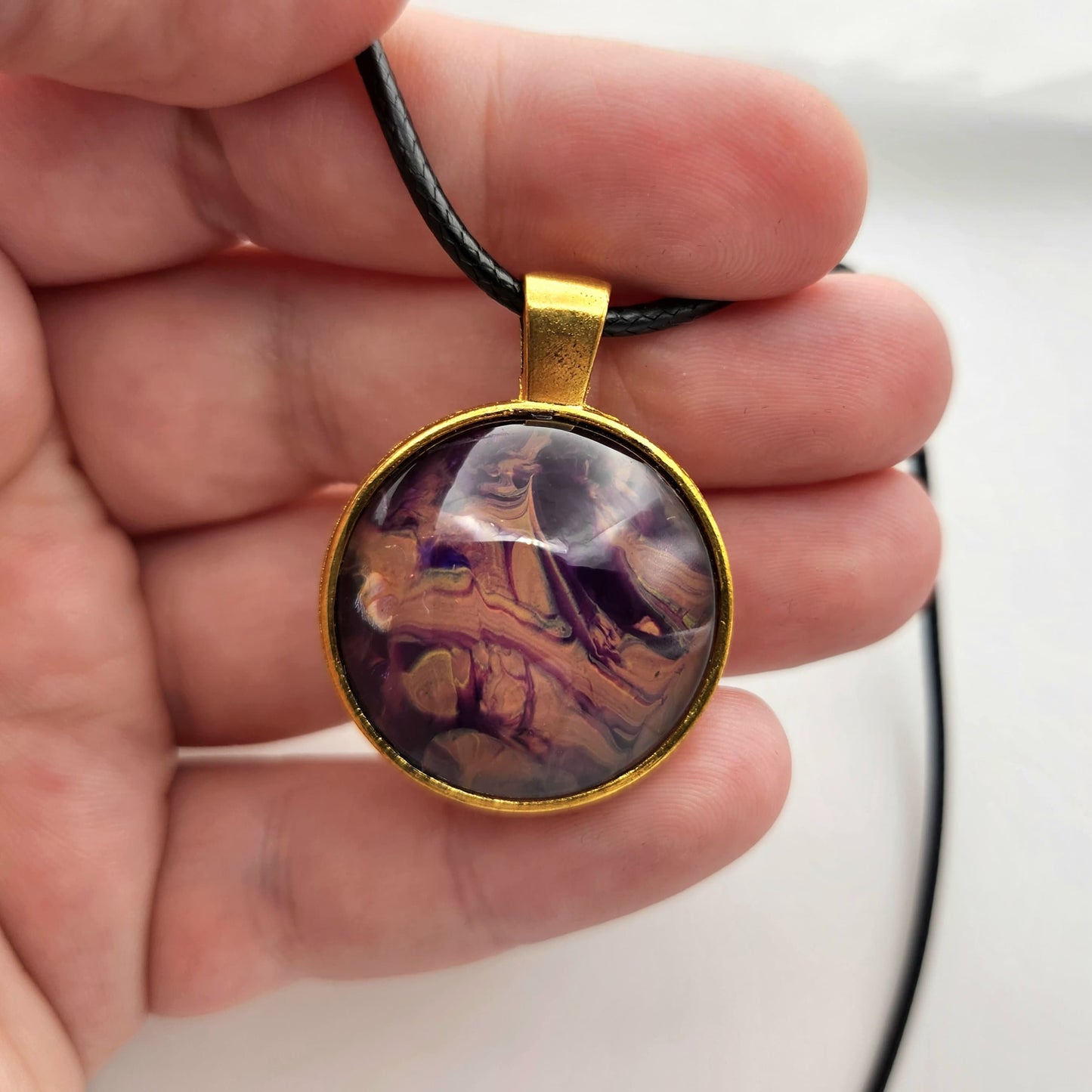 Touchstone Pendant - Gold B - Hand Painted Glass Bezel Necklace - Custom Art Jewelry - Purple and Gold Metallic