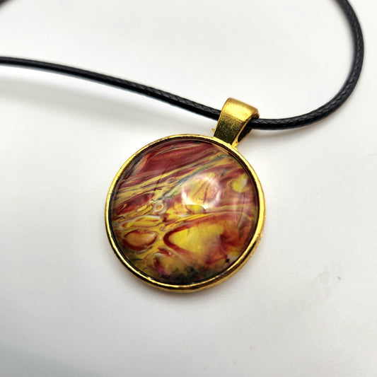 Touchstone Pendant - Gold C - Hand Painted Glass Bezel Necklace - Custom Art Jewelry - Red and Yellow Metallic Swirl