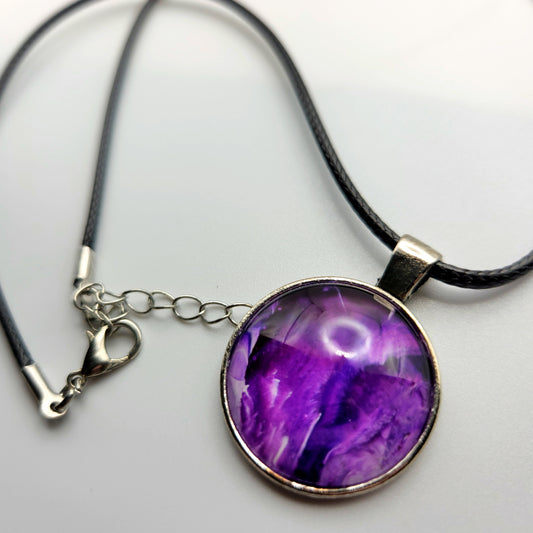 Touchstone Pendant - Silver F - Hand Painted Glass Bezel Necklace - Custom Art Jewelry - Purple Shimmer