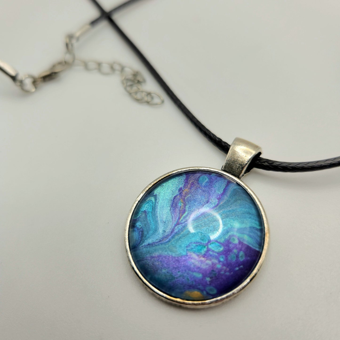 Touchstone Pendant - Silver B - Hand Painted Glass Bezel Necklace - Custom Art Jewelry - Purple and Blue Metallic, Bubbles and Flow