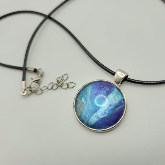 Touchstone Pendant - Silver A - Hand Painted Glass Bezel Necklace - Custom Art Jewelry - Purple and Blue Metallic, Shimmer and Flow