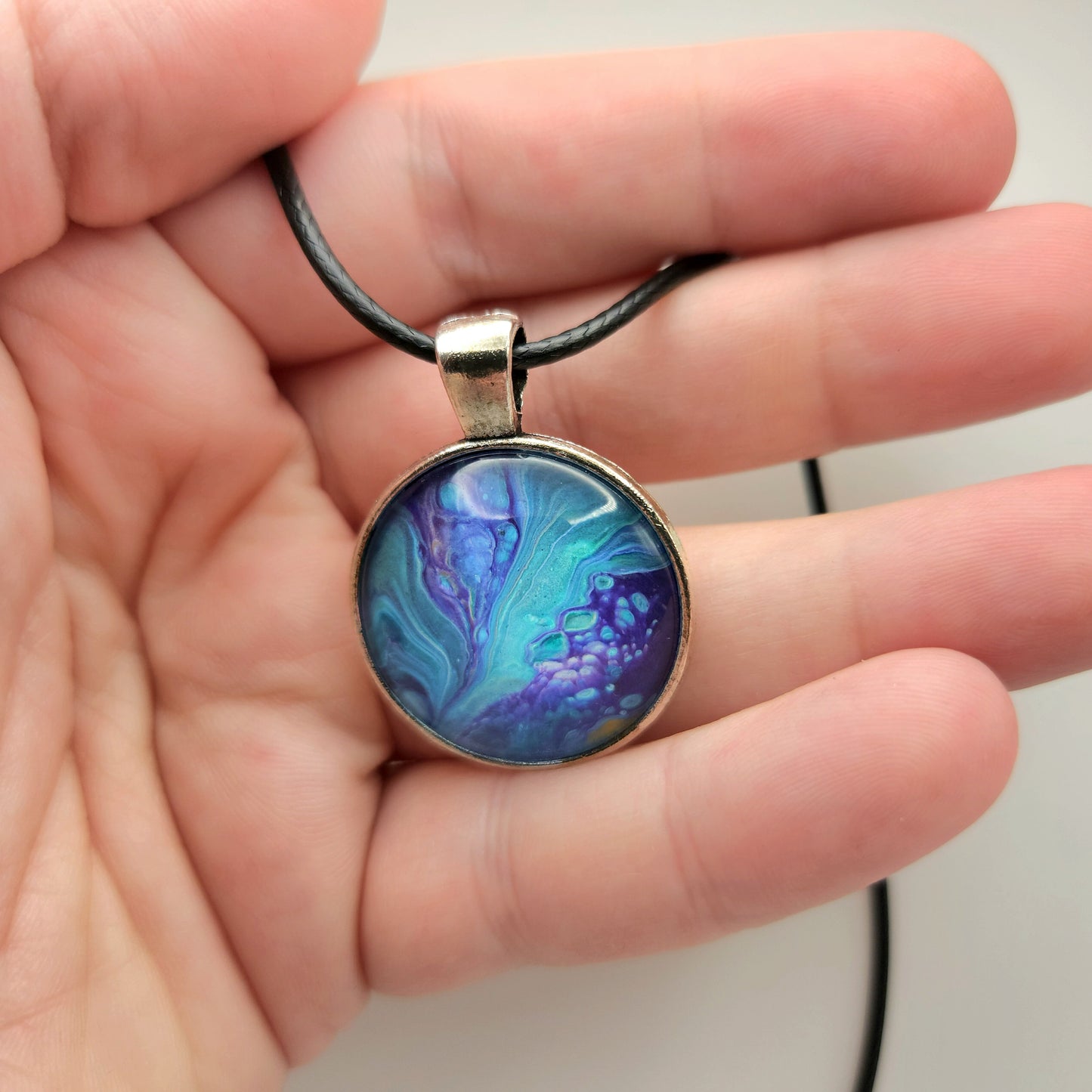 Touchstone Pendant - Silver B - Hand Painted Glass Bezel Necklace - Custom Art Jewelry - Purple and Blue Metallic, Bubbles and Flow