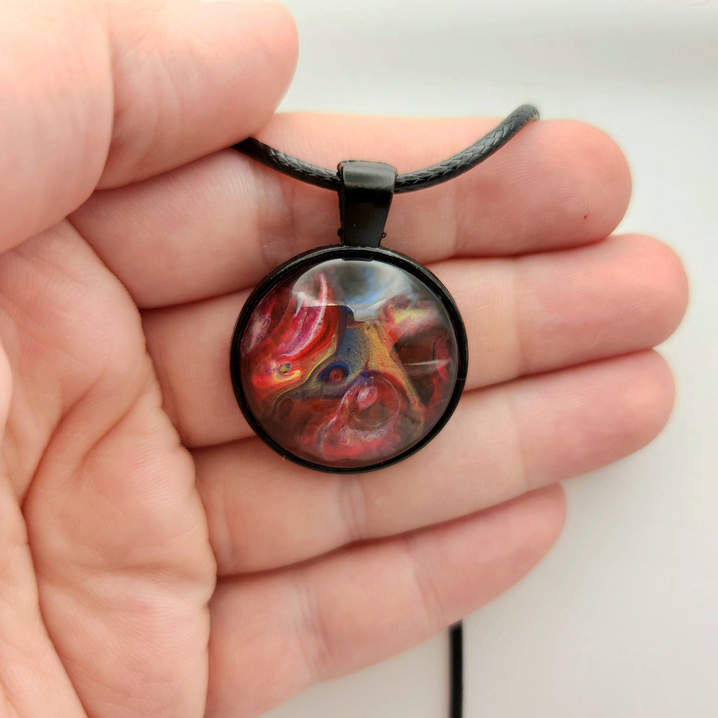 Touchstone Pendant - Antique Silver C - Hand Painted Glass Bezel Necklace - Custom Art Jewelry - Red and Rainbow