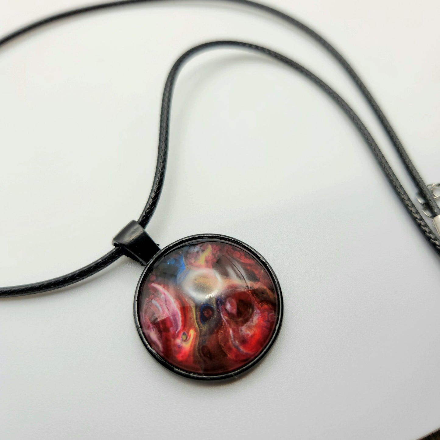 Touchstone Pendant - Antique Silver C - Hand Painted Glass Bezel Necklace - Custom Art Jewelry - Red and Rainbow