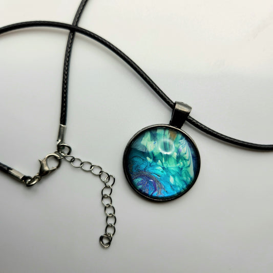 Touchstone Pendant - Antique Silver D - Hand Painted Glass Bezel Necklace - Custom Art Jewelry - Blue, Green, and Purple Metallic