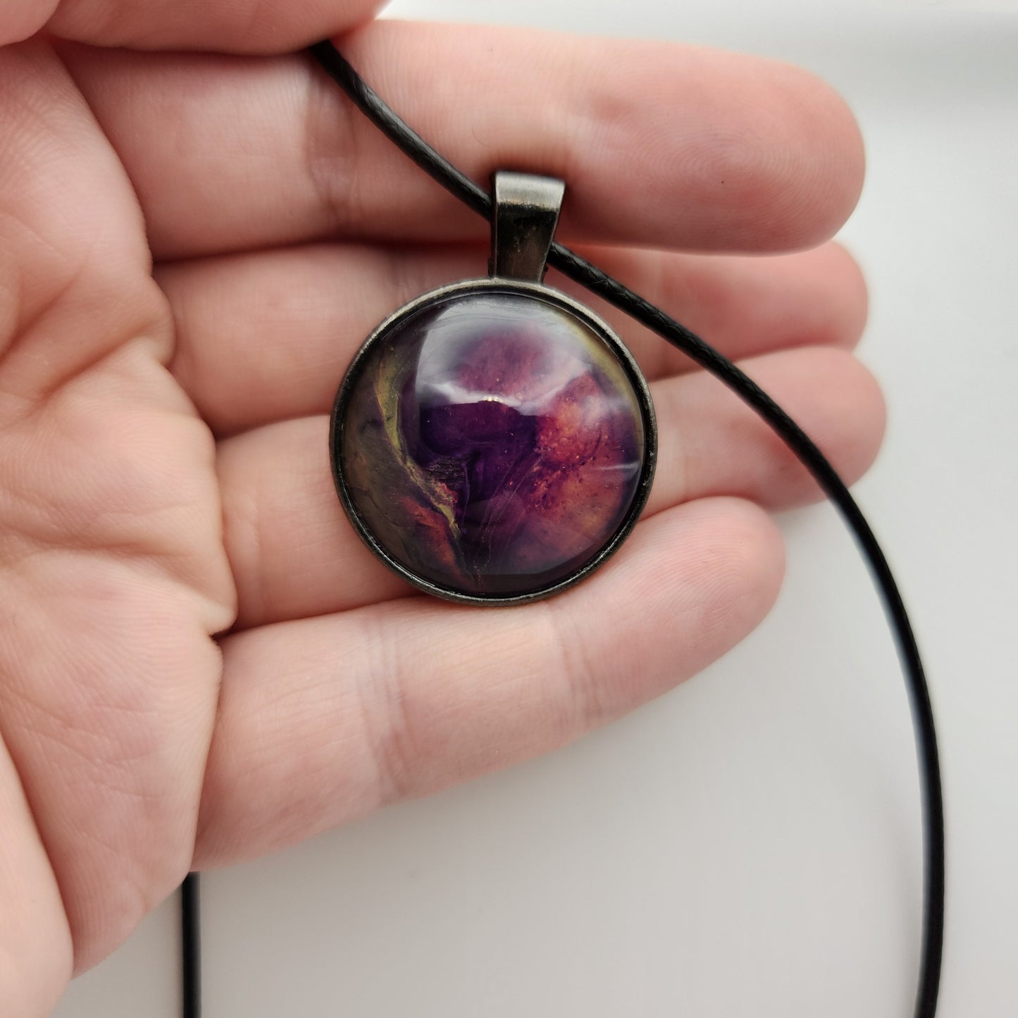 Touchstone Pendant - Antique Silver E - Hand Painted Glass Bezel Necklace - Custom Art Jewelry - Purple, Pink, and Gold Metallic