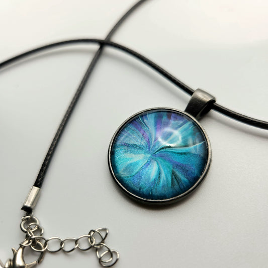 Touchstone Pendant - Antique Silver F - Hand Painted Glass Bezel Necklace - Custom Art Jewelry - Blue and Green Metallic, Floral Flower