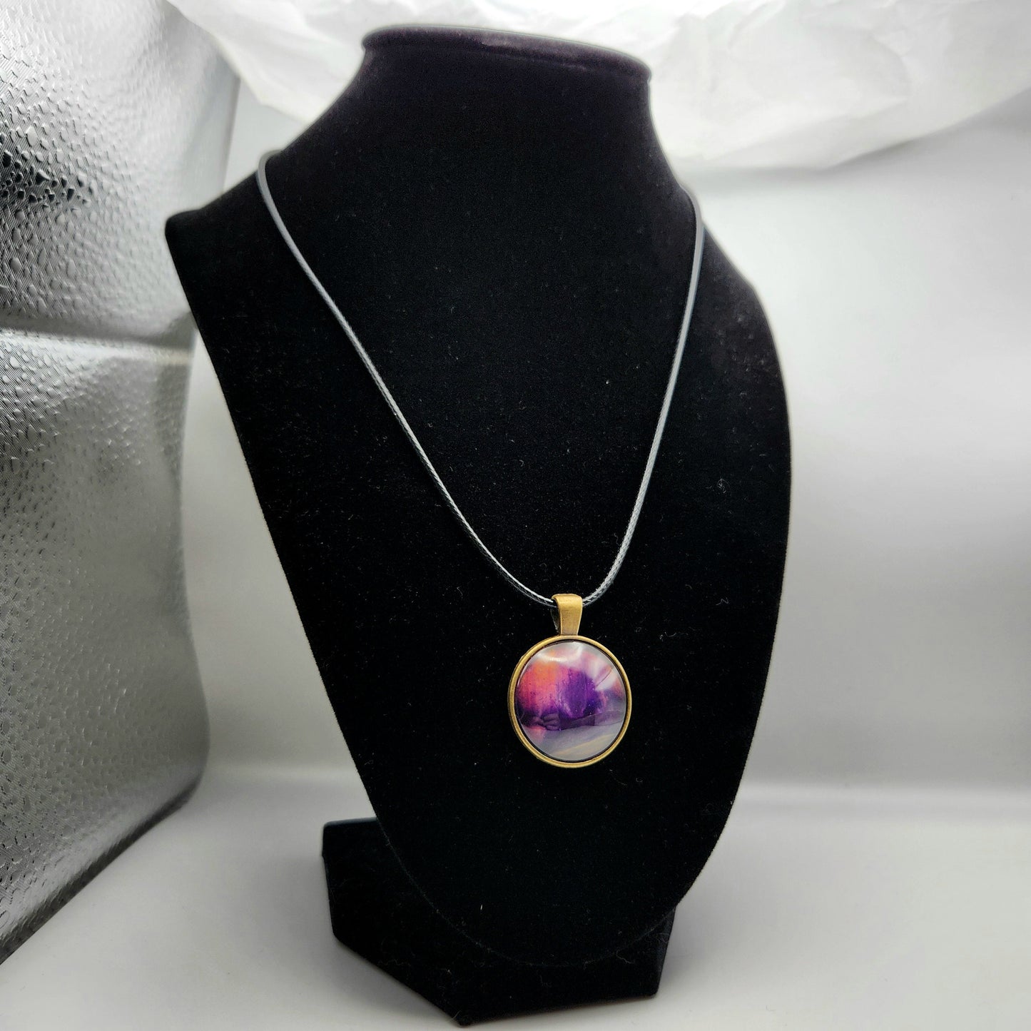 Touchstone Pendant - Bronze A - Hand Painted Glass Bezel Necklace - Custom Art Jewelry - Purple, Pink, and Gold