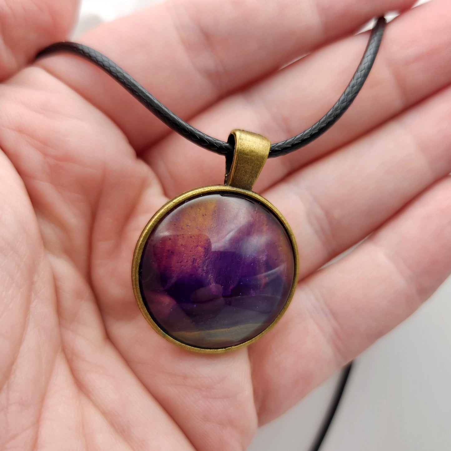 Touchstone Pendant - Bronze A - Hand Painted Glass Bezel Necklace - Custom Art Jewelry - Purple, Pink, and Gold