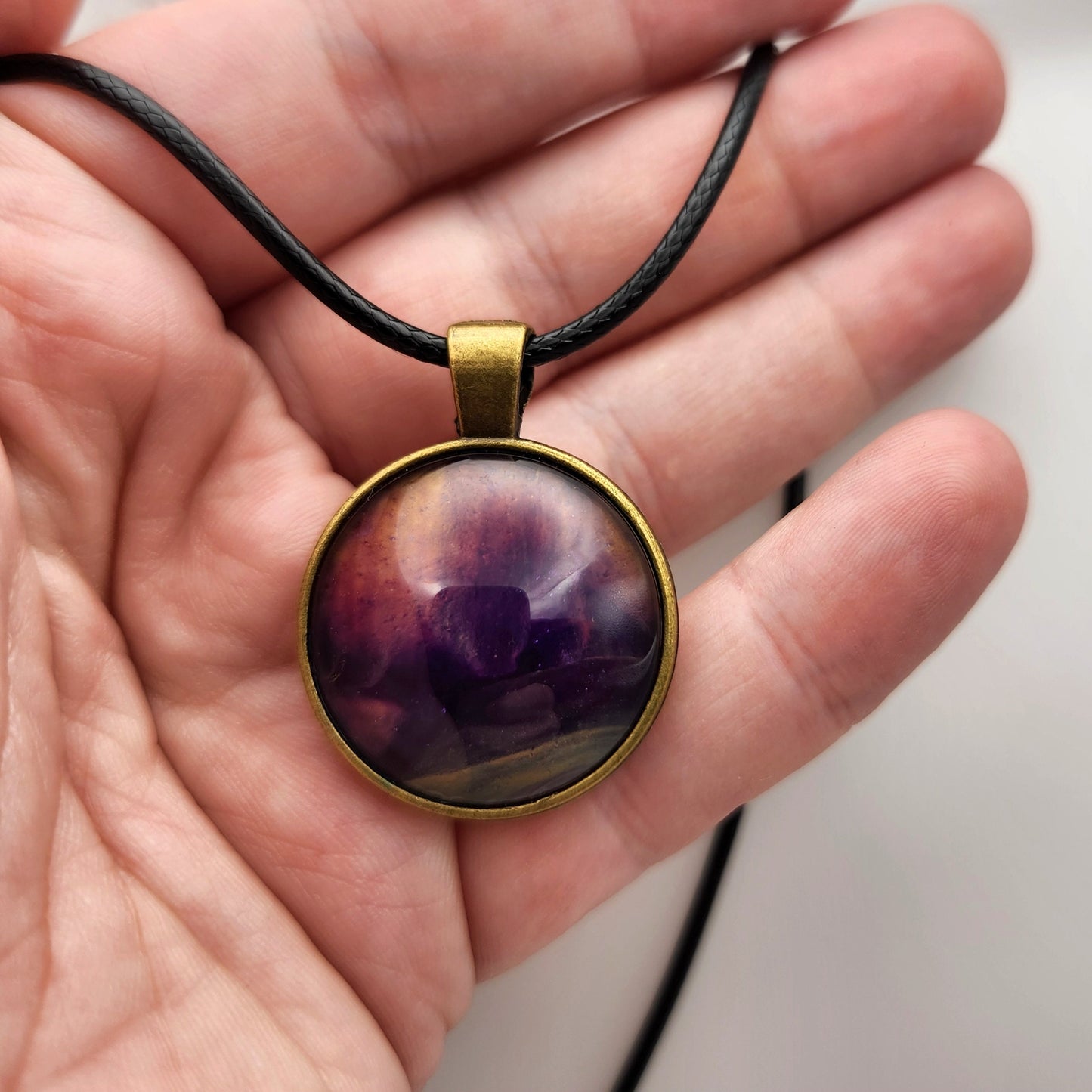 Touchstone Pendant - Bronze A - Hand Painted Glass Bezel Necklace - Custom Art Jewelry - Purple, Pink, and Gold