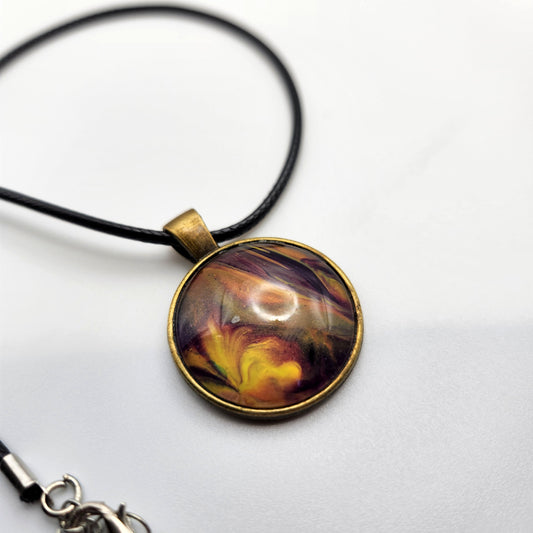 Touchstone Pendant - Bronze C - Hand Painted Glass Bezel Necklace - Custom Art Jewelry - Purple and Gold Metallic - Feather