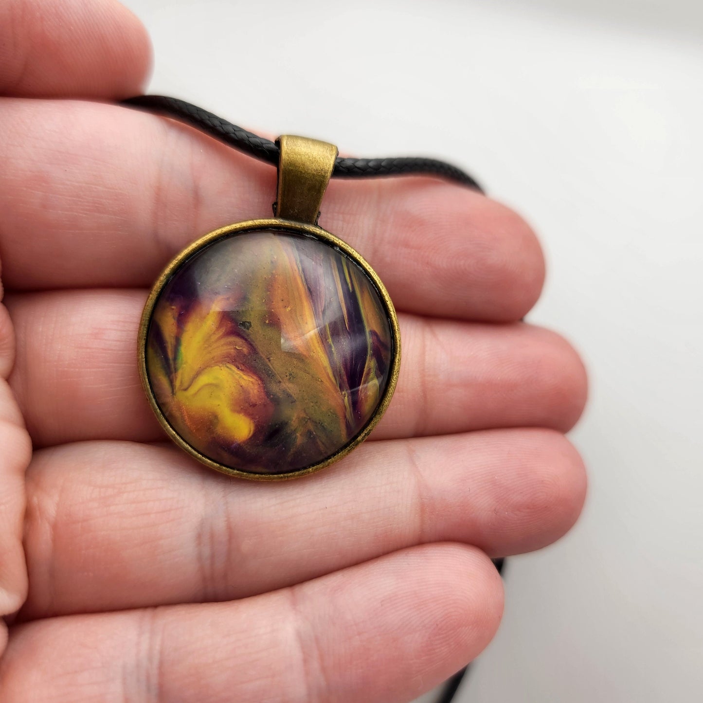 Touchstone Pendant - Bronze C - Hand Painted Glass Bezel Necklace - Custom Art Jewelry - Purple and Gold Metallic - Feather