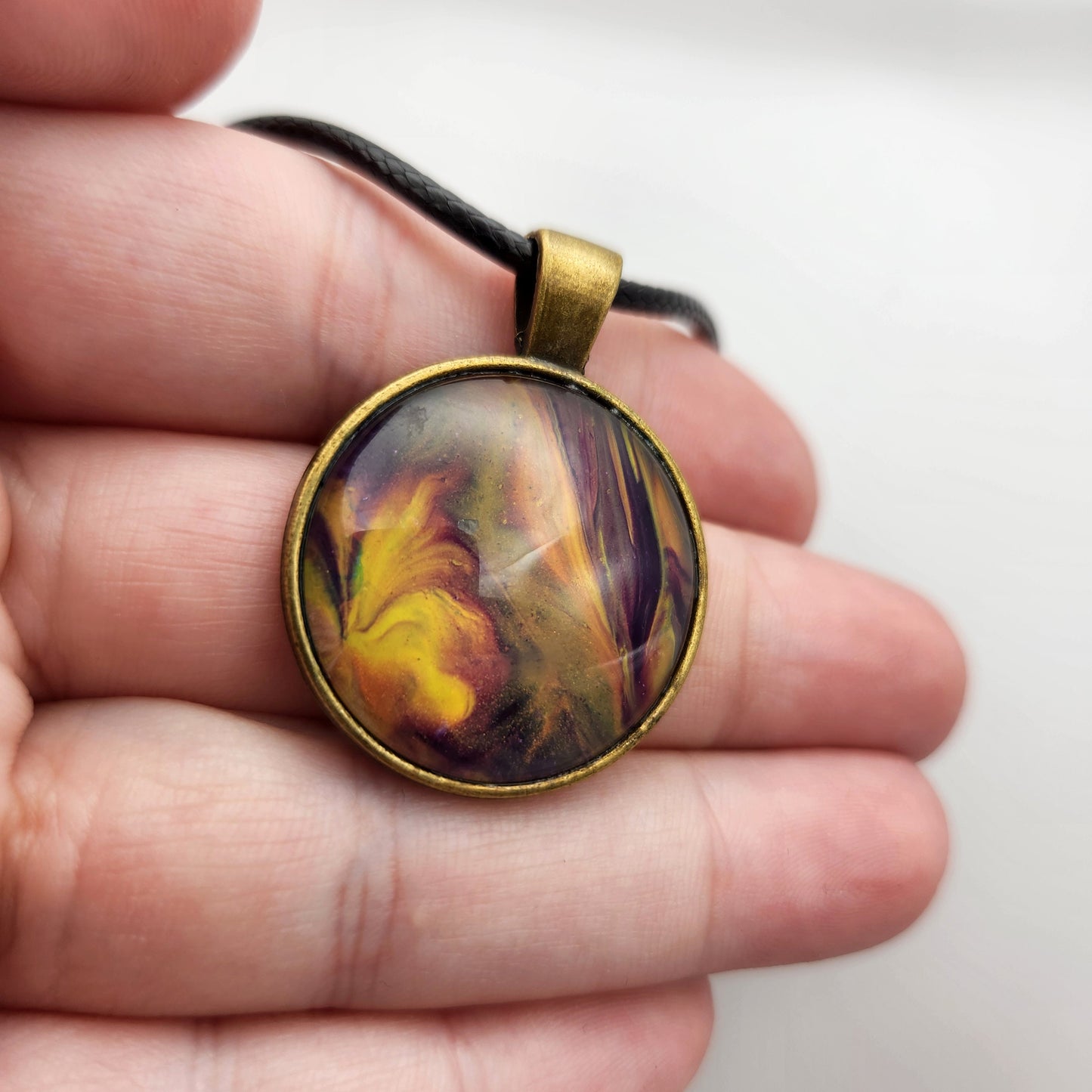 Touchstone Pendant - Bronze C - Hand Painted Glass Bezel Necklace - Custom Art Jewelry - Purple and Gold Metallic - Feather