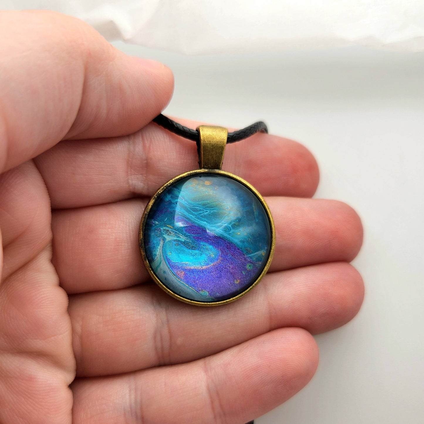 Touchstone Pendant - Bronze D - Hand Painted Glass Bezel Necklace - Custom Art Jewelry - Blue and Purple Metallic, Flow