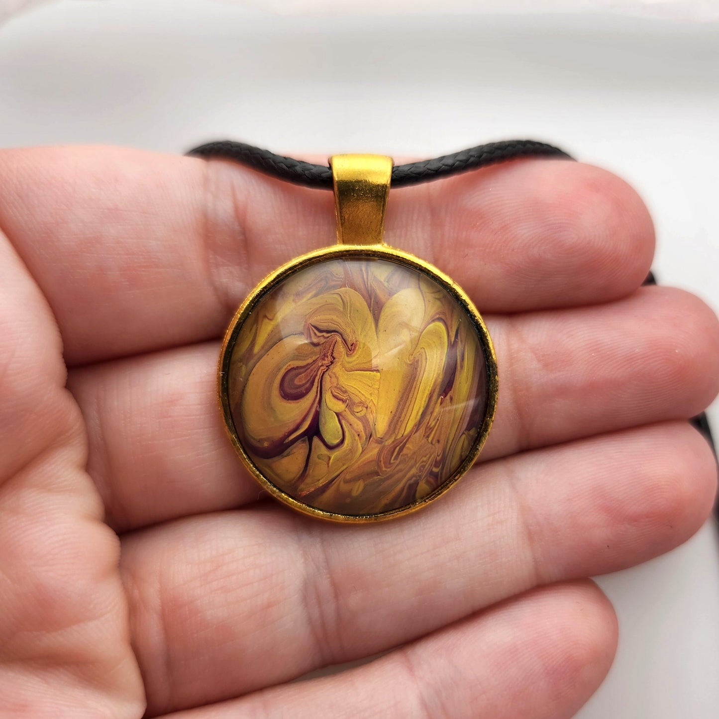 Touchstone Pendant - Gold D - Hand Painted Glass Bezel Necklace - Custom Art Jewelry - Purple and Gold