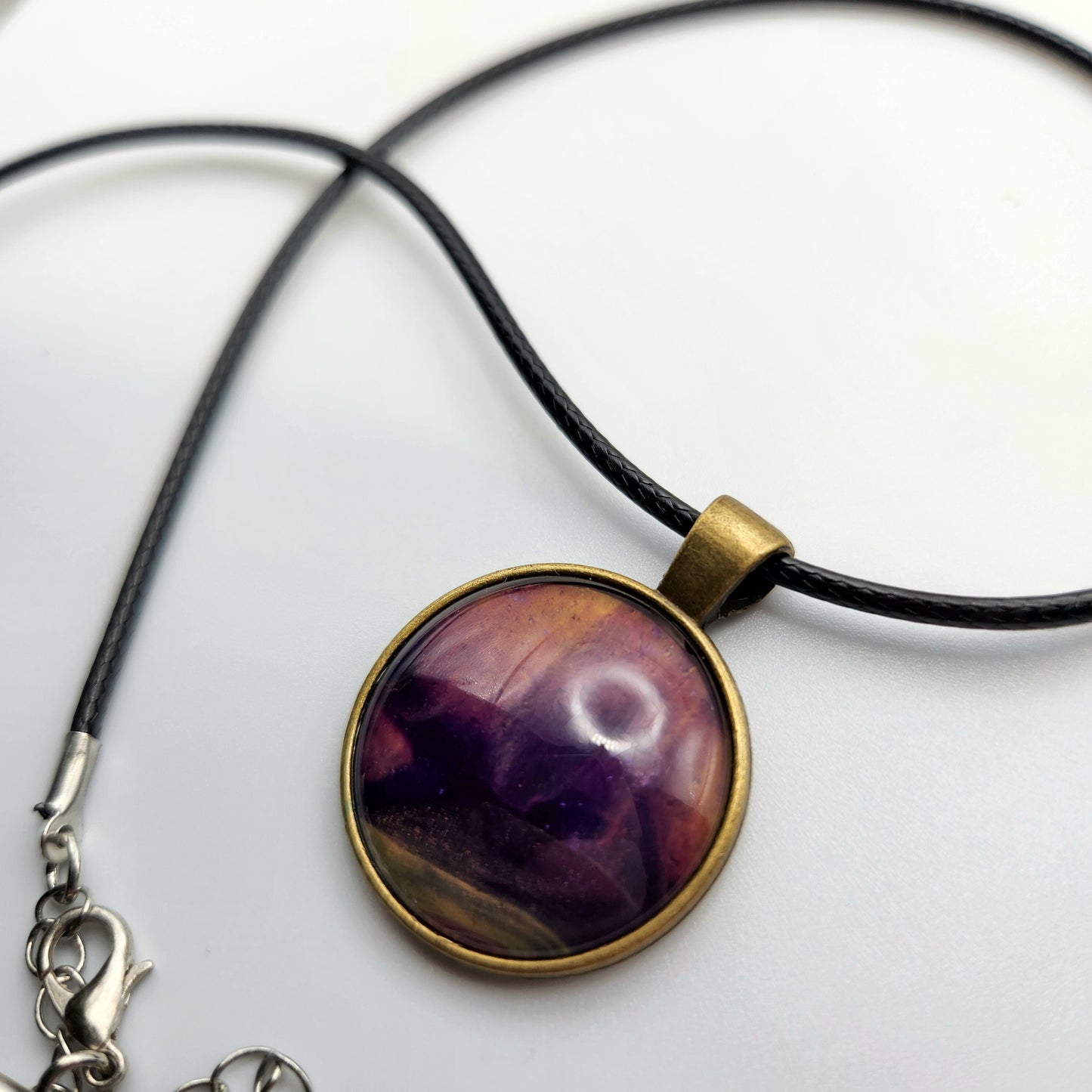 Touchstone Pendant - Bronze A - Hand Painted Glass Bezel Necklace - Custom Art Jewelry - Purple, Pink, and Gold